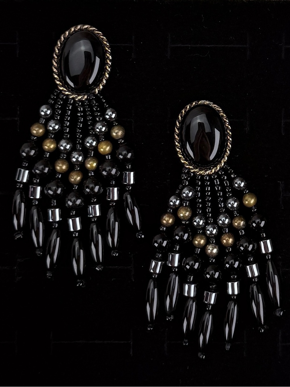 Vintage weighted Black Beaded Fringe Pierced Statement Earrings Gold Tone